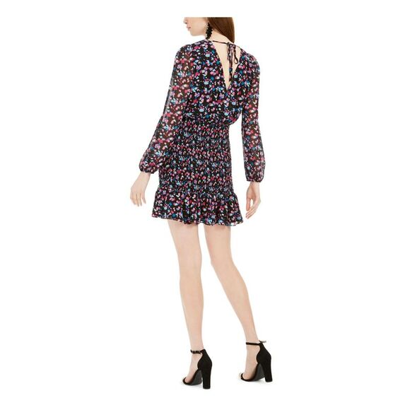 LEYDEN Womens Black Printed Long Sleeve V Neck Short Sheath Dress XS - Picture 2 of 4